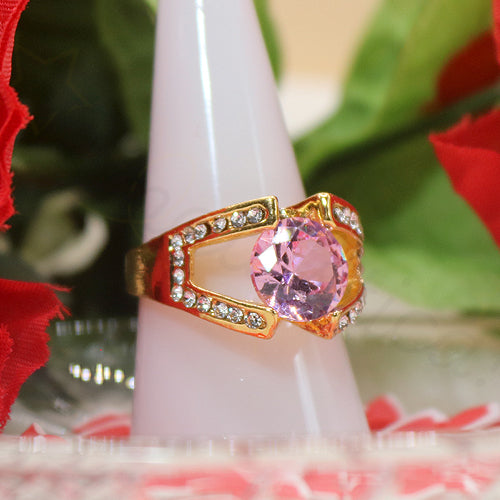Gold-Tone Bridge Zircon Ring in Pink