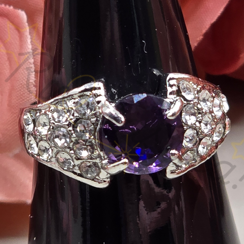 Silver-Tone Halo Zircon Ring in Amethyst
